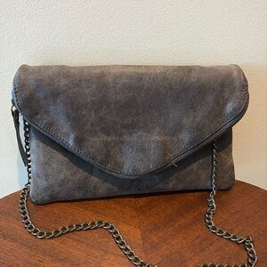 J. Crew  leather shoulder bag  dark Taupe  full depth front flap pocket chain st